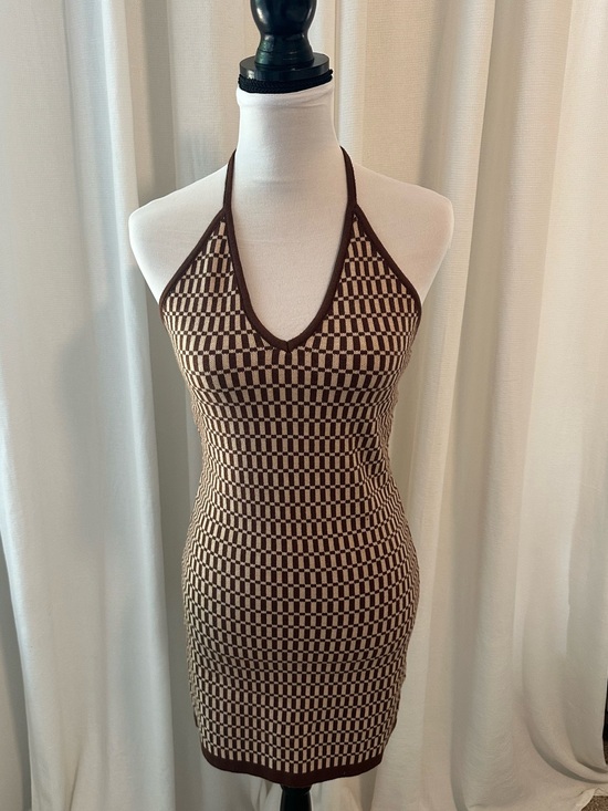 Cotton Candy Dresses & Skirts - Cotton Candy Brown & Cream Checker Halter Mini Dress